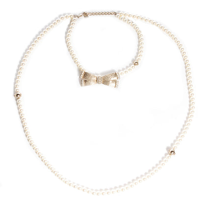 Chanel Pearl Crystal Bow Long Necklace Gold 1 of 5