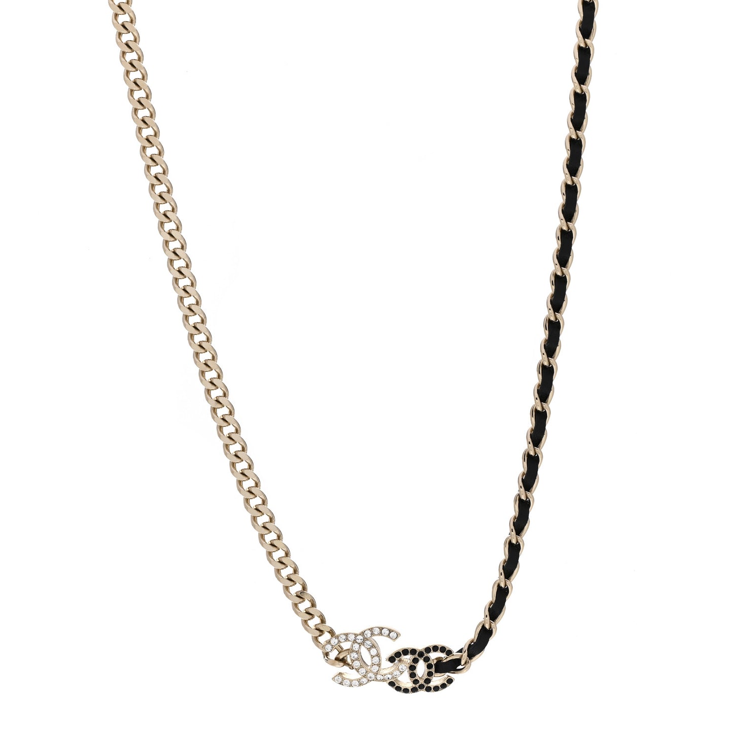 Metal Calfskin Crystal Double CC Short Necklace Black Gold