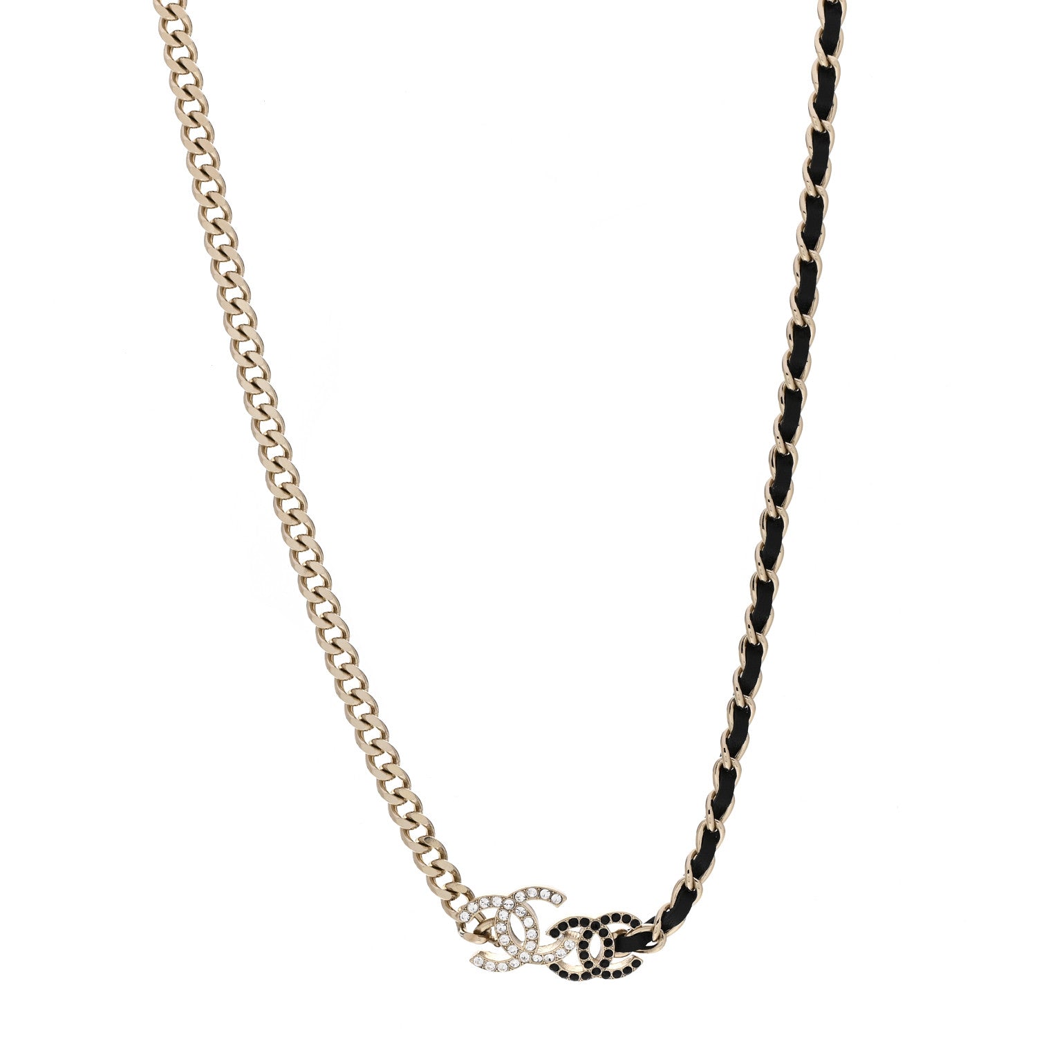 Chanel Metal Calfskin Crystal Double CC Short Necklace Black Gold 1 of 3