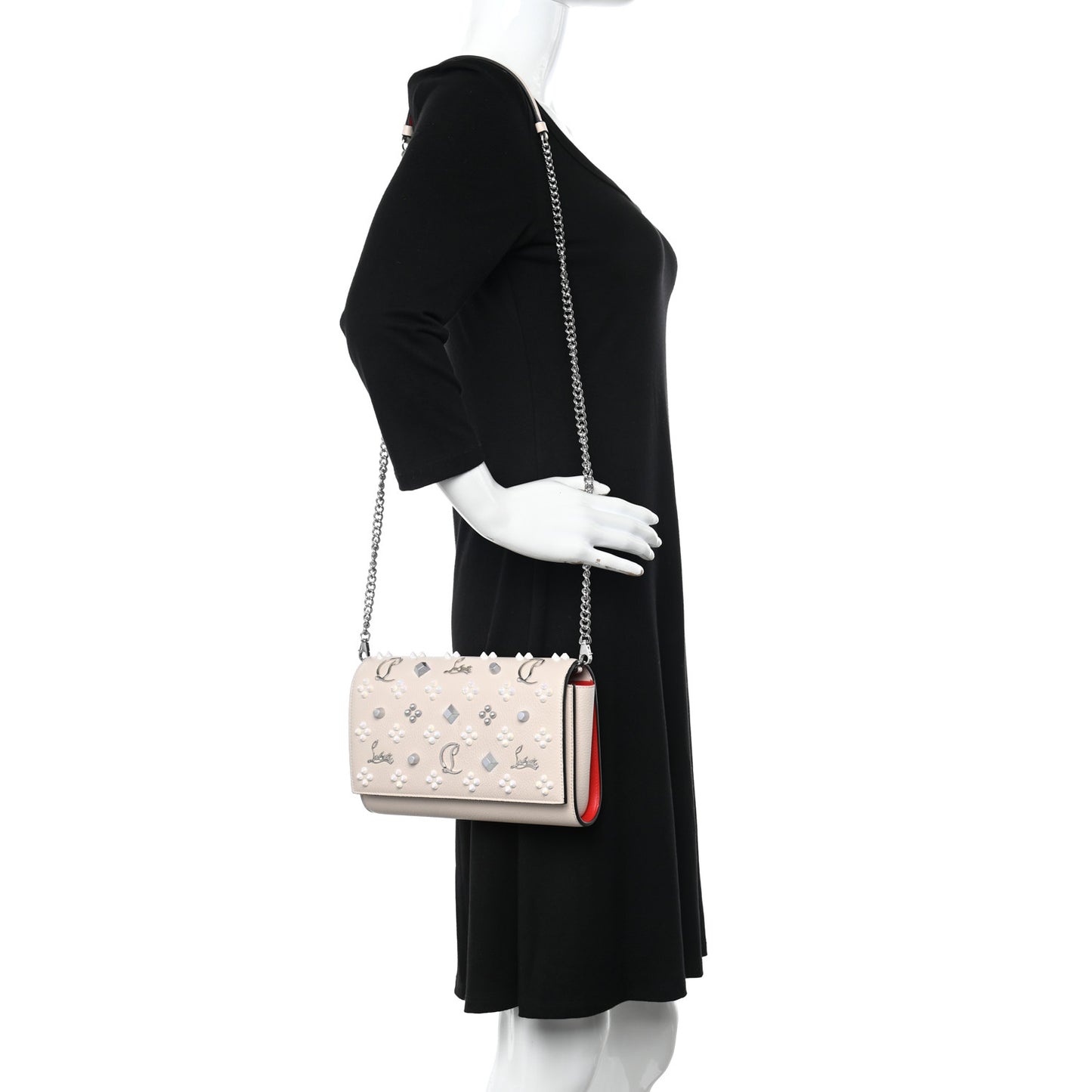 Grained Calfskin Spikes Loubinthesky Paloma Clutch Leche