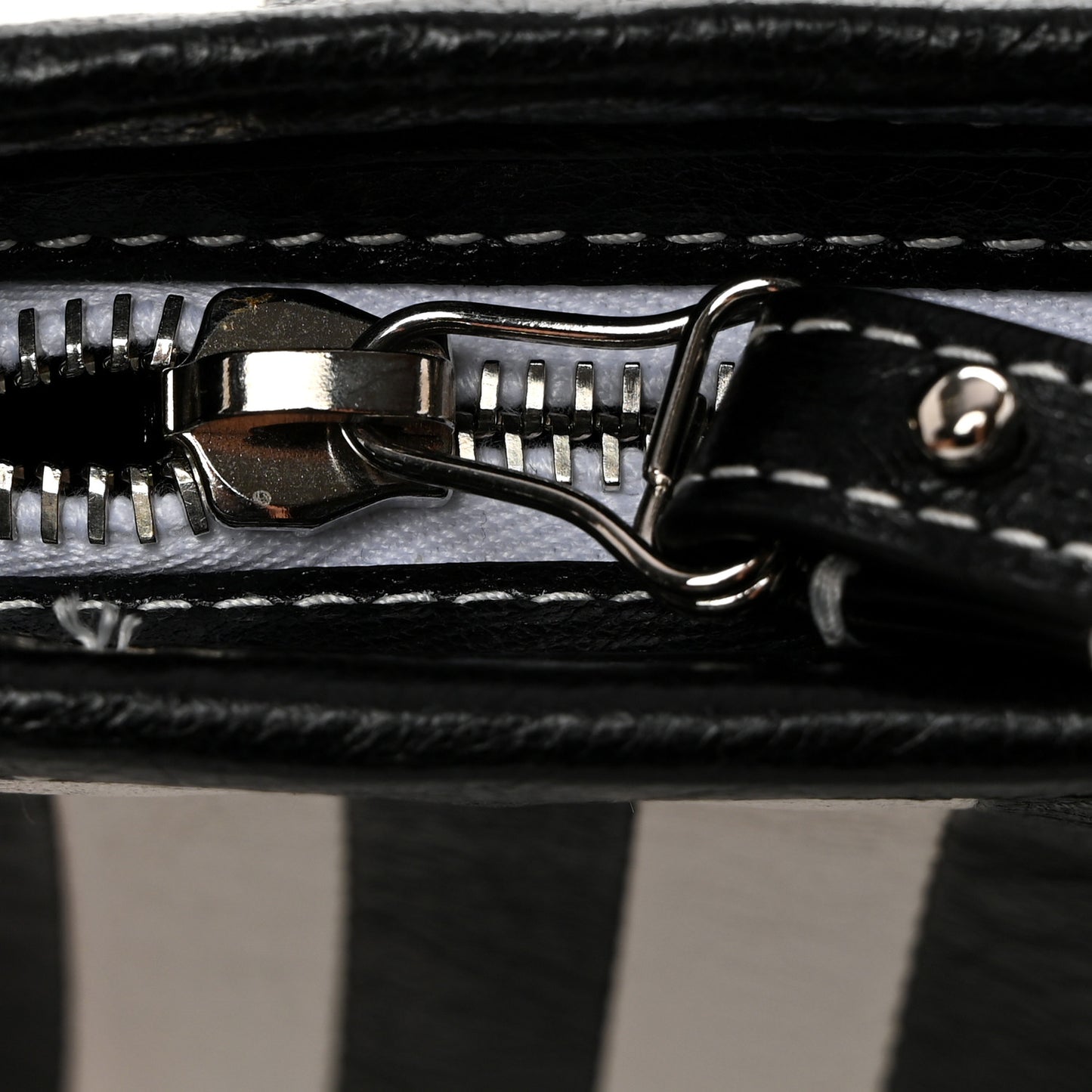 Agneau Arena Striped Patchwork Small Barbes Z Pouch with Handle Black White