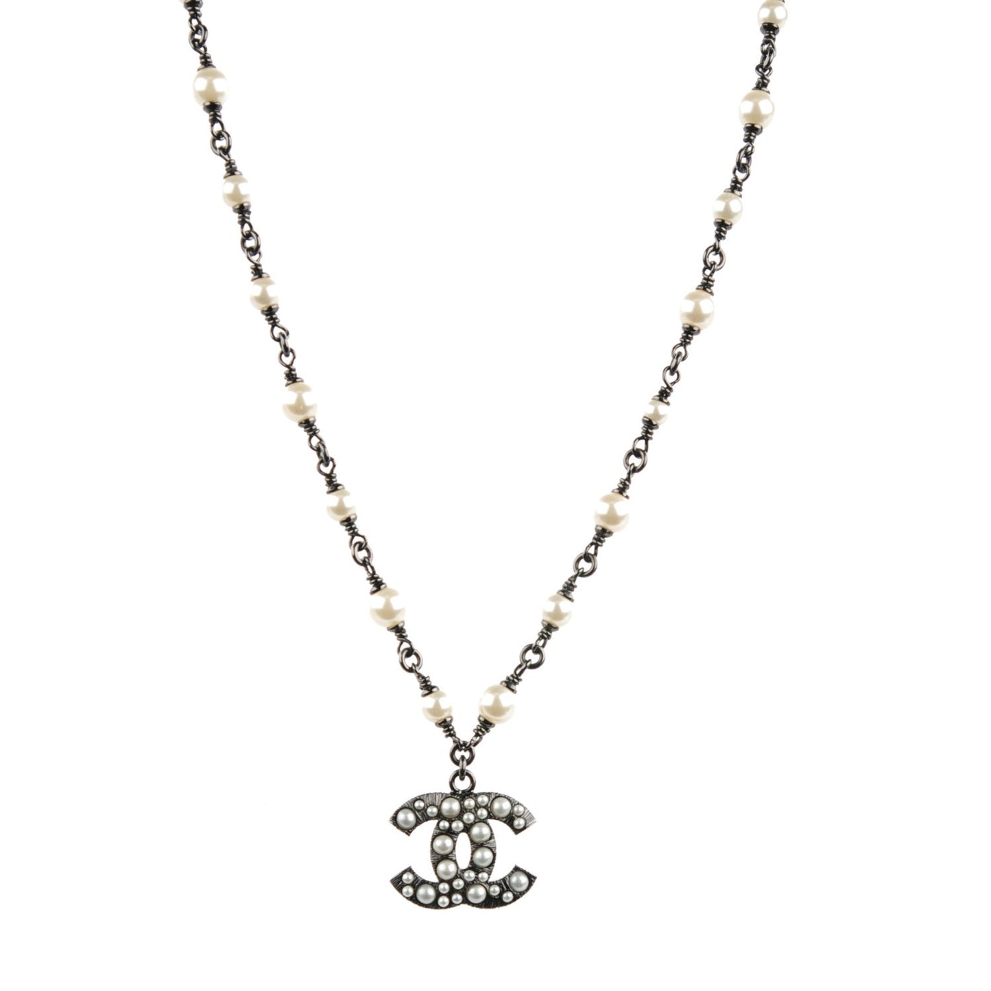 Pearl Beaded CC Necklace Ruthenium