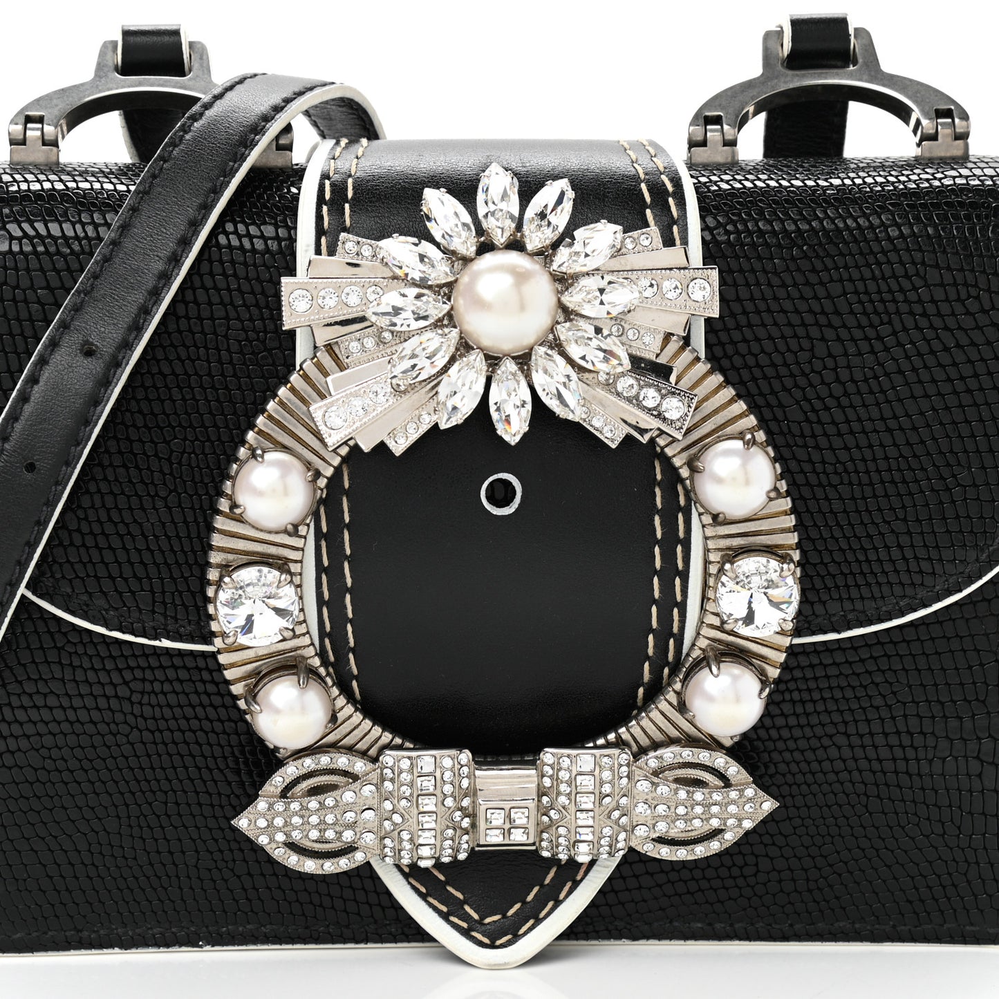 Embossed Lizard Calfskin Crystal Embellished Saint Lucertola Shoulder Bag Black