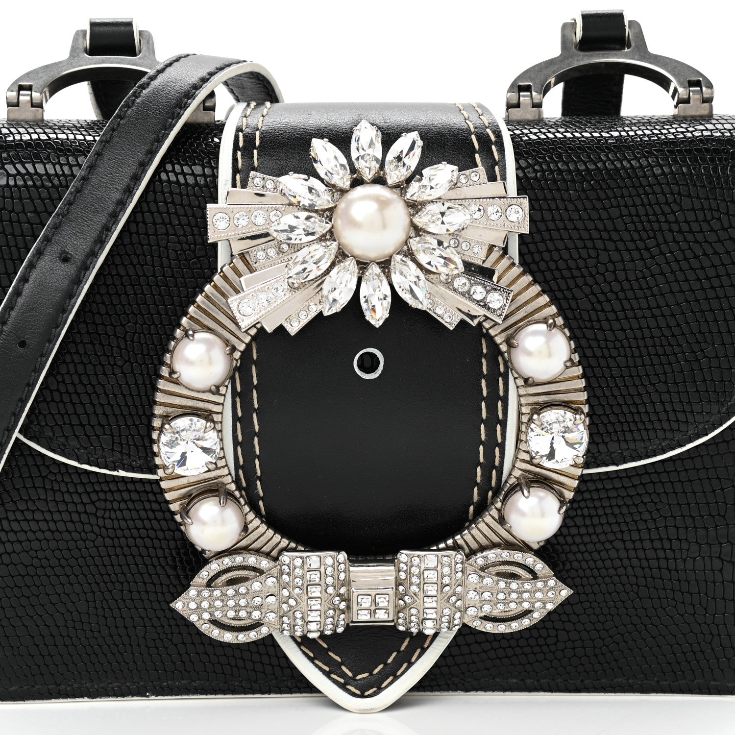 Miu Miu Embossed Lizard Calfskin Crystal Embellished Saint Lucertola Shoulder Bag Black 7 of 11