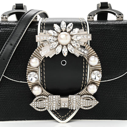 Miu Miu Embossed Lizard Calfskin Crystal Embellished Saint Lucertola Shoulder Bag Black 7 of 11