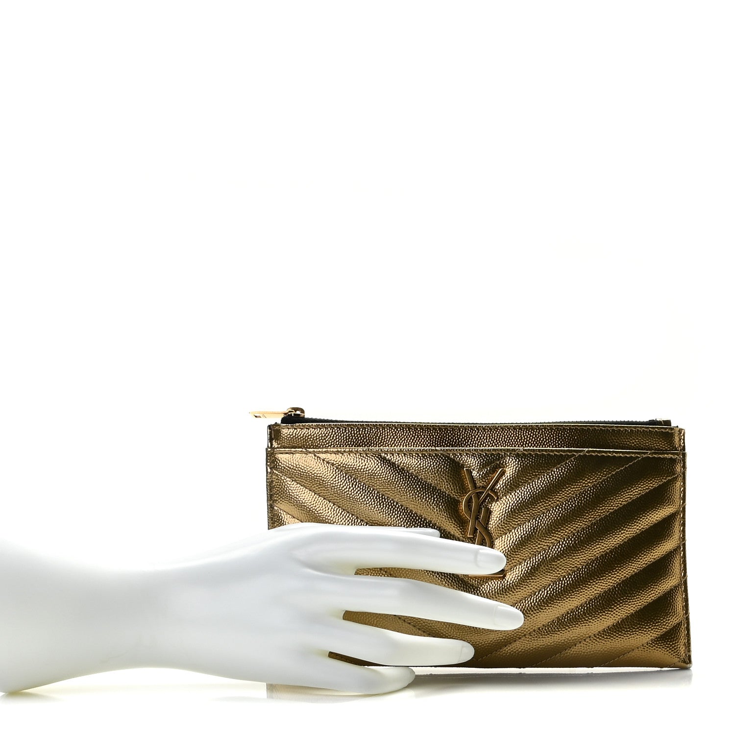 Saint Laurent Iridescent Grain De Poudre Matelasse Chevron Monogram Bill Pouch Gold 2 of 9