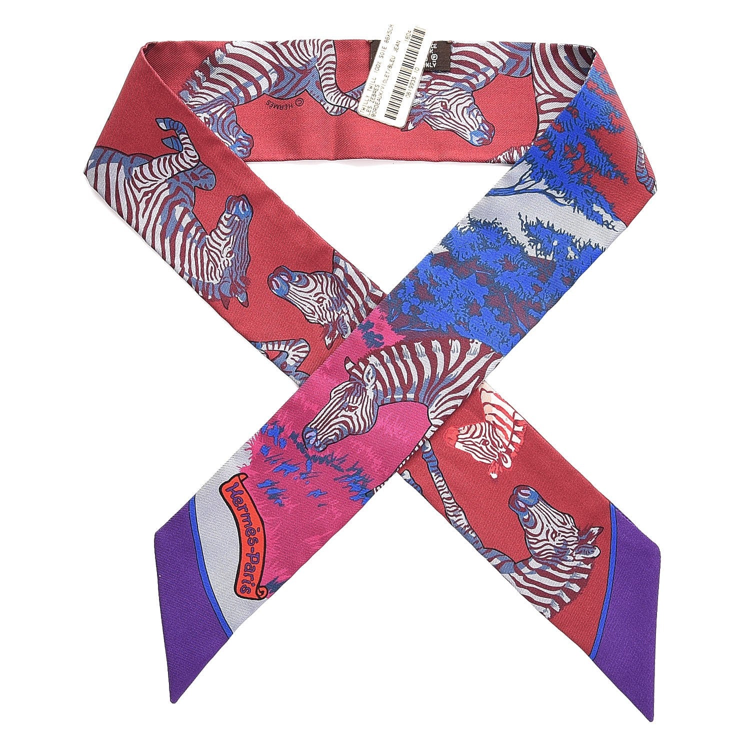 Hermes Silk Les Zebres Twilly Bordeaux Violet Blue Jean 1 of 5