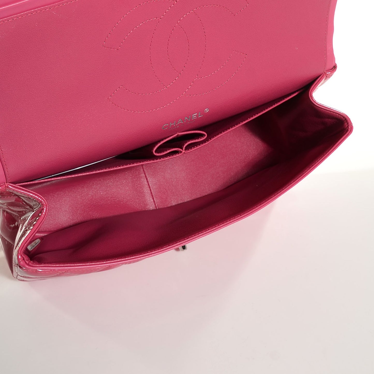 Patent Calfskin Quilted Jumbo Double Flap Fuchsia