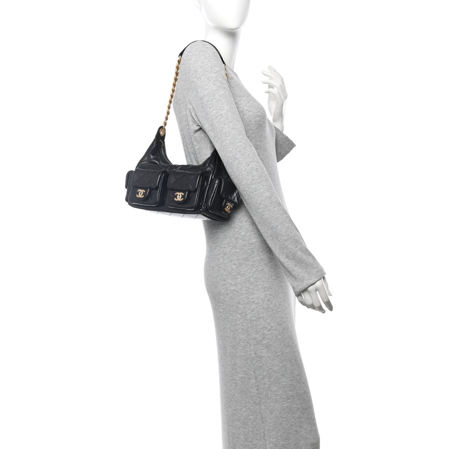 Shiny Lambskin Quilted Trendy Pockets Hobo Black