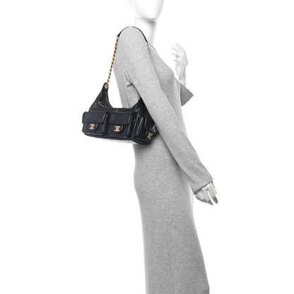Chanel Shiny Lambskin Quilted Trendy Pockets Hobo Black 2 of 11