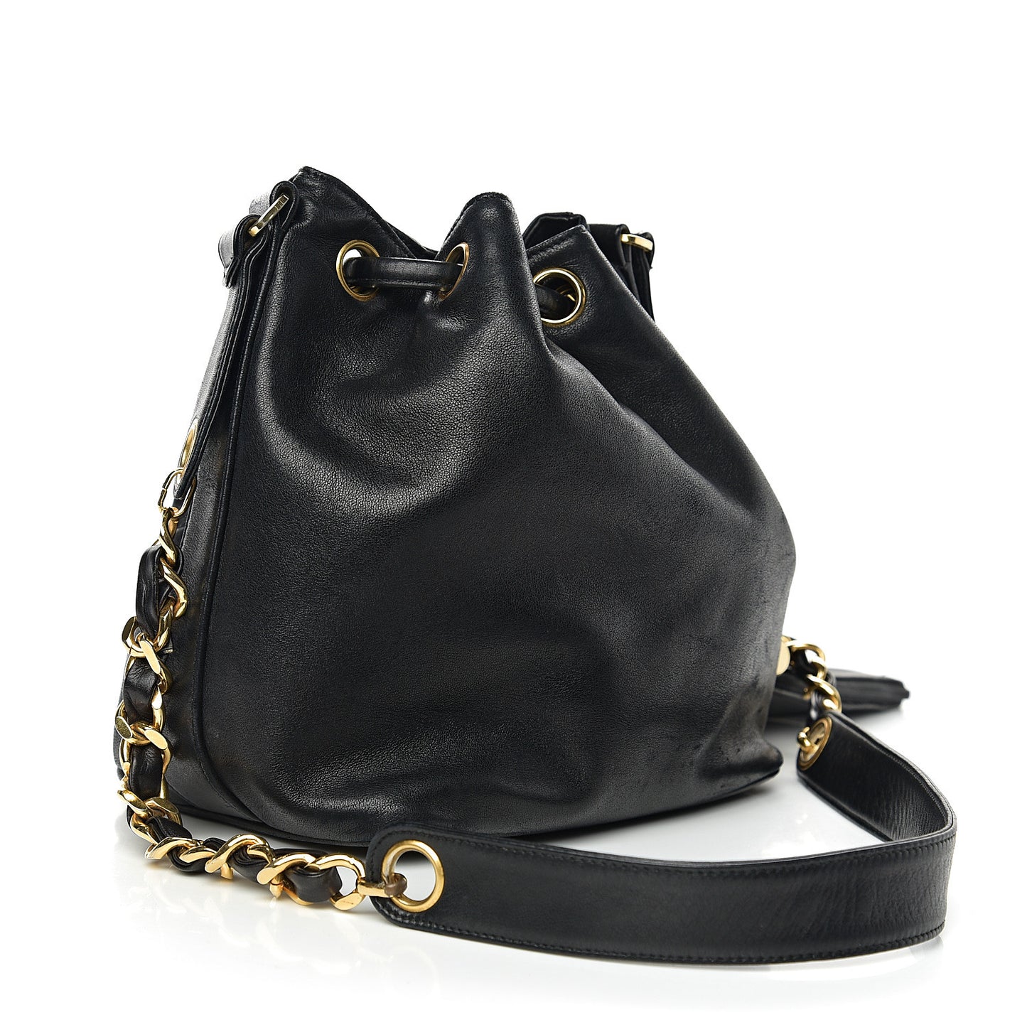 Lambskin CC Stitched Drawstring Bucket Bag Black