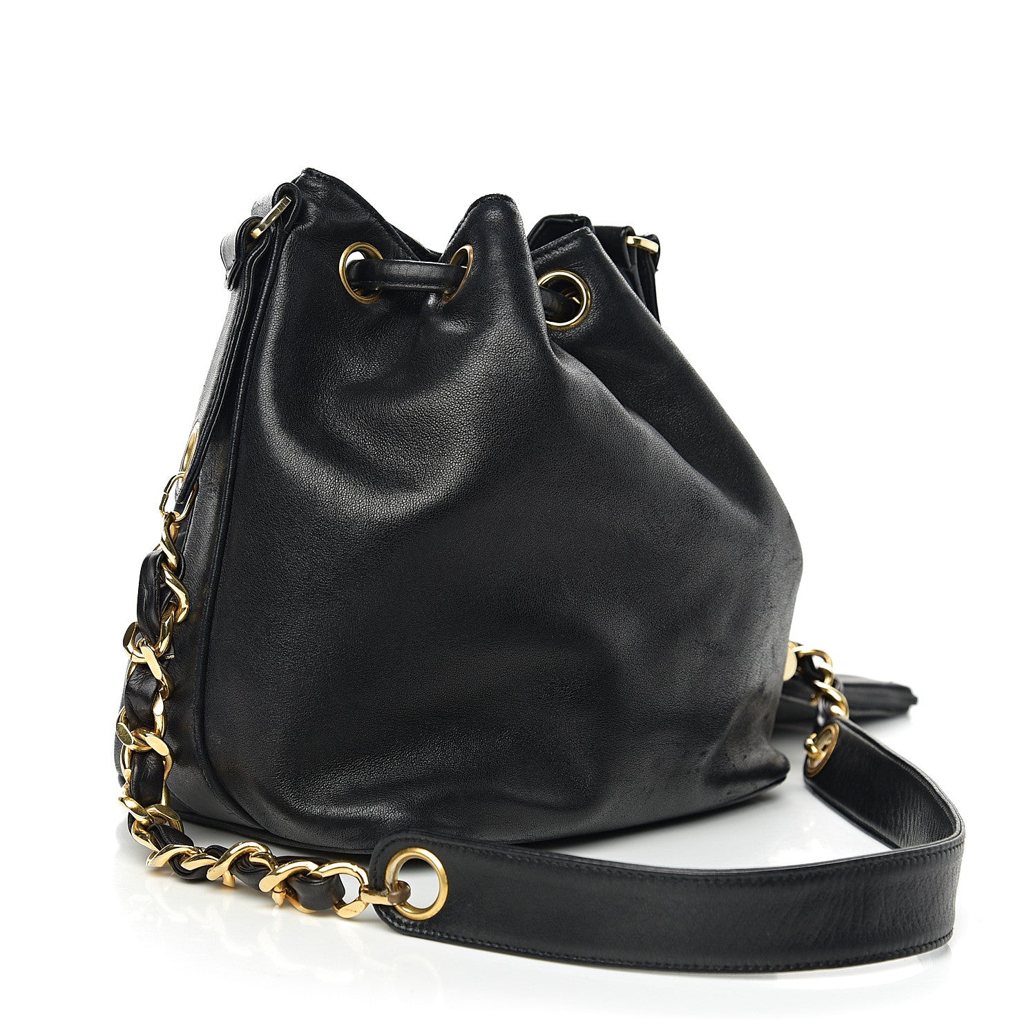 Chanel Lambskin CC Stitched Drawstring Bucket Bag Black 3 of 11