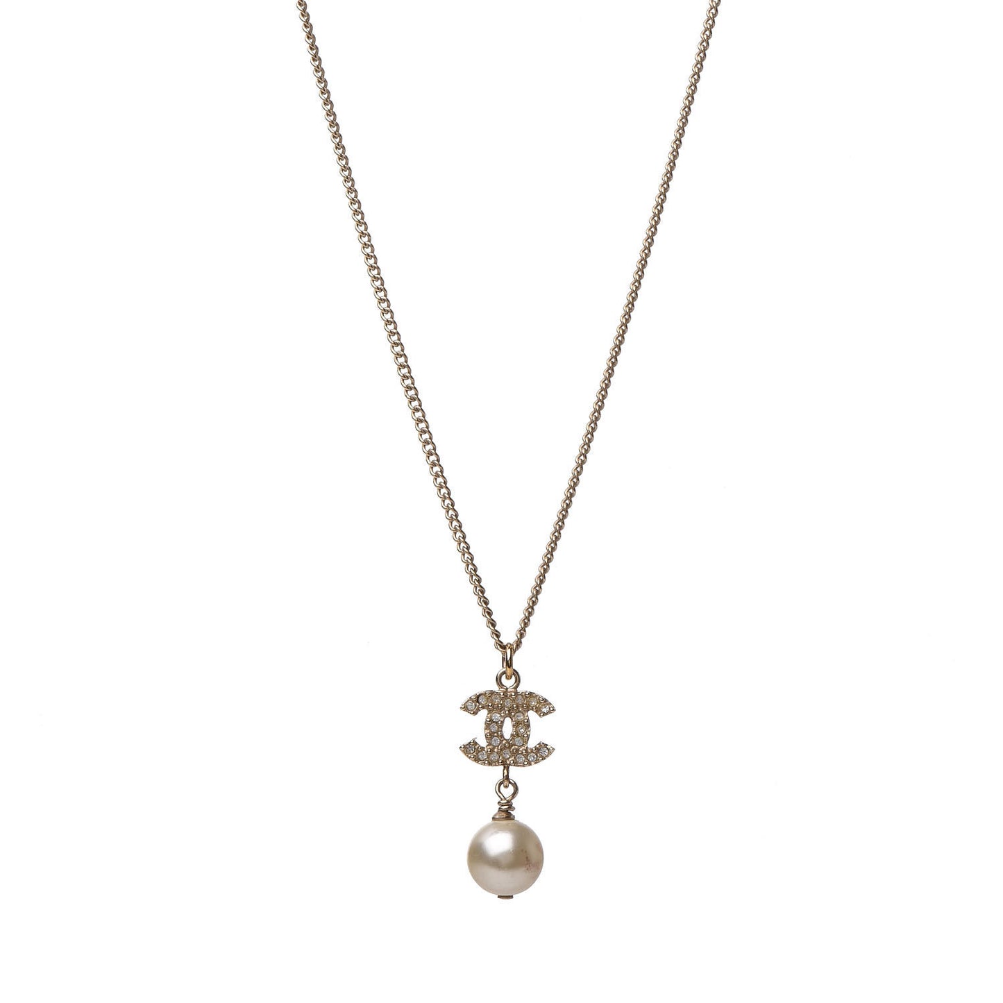 Crystal Pearl CC Drop Necklace Gold