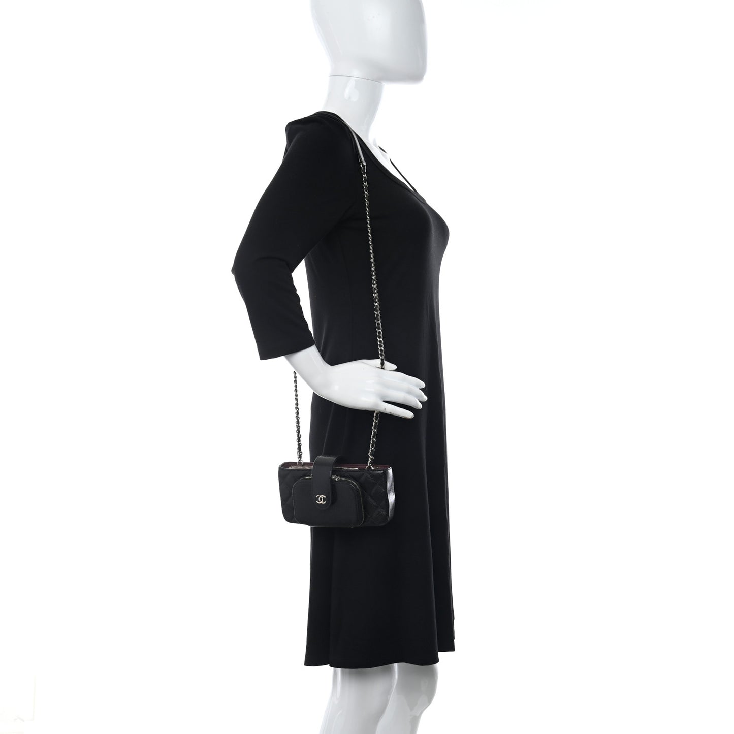 Caviar Quilted Business Affinity Phone Holder With Chain Black