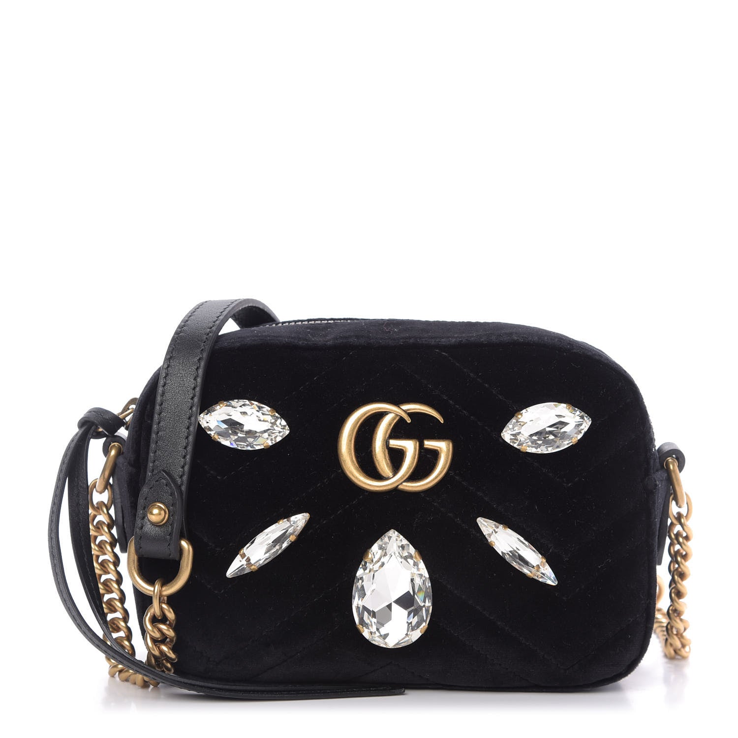 Gucci Velvet Matelasse Marquise Crystals Mini GG Marmont Chain Shoulder Bag Black 1 of 9