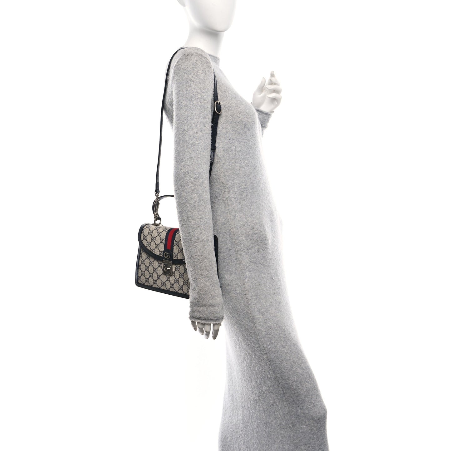 GG Supreme Monogram Textured Dollar Calfskin Web Small Ophidia Padlock Top Handle Bag Beige Blue