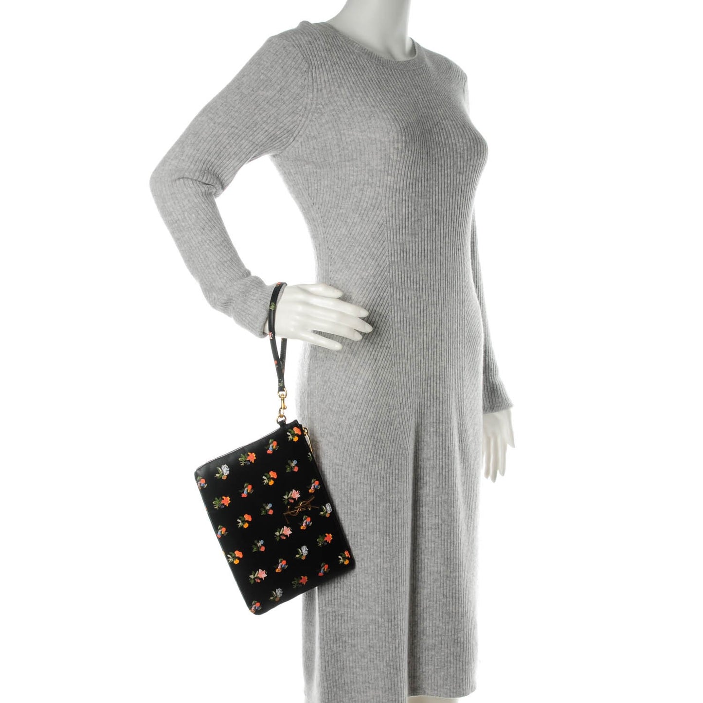 Calfskin Prairie Flower Printed Monogram Pouch Black Multicolor