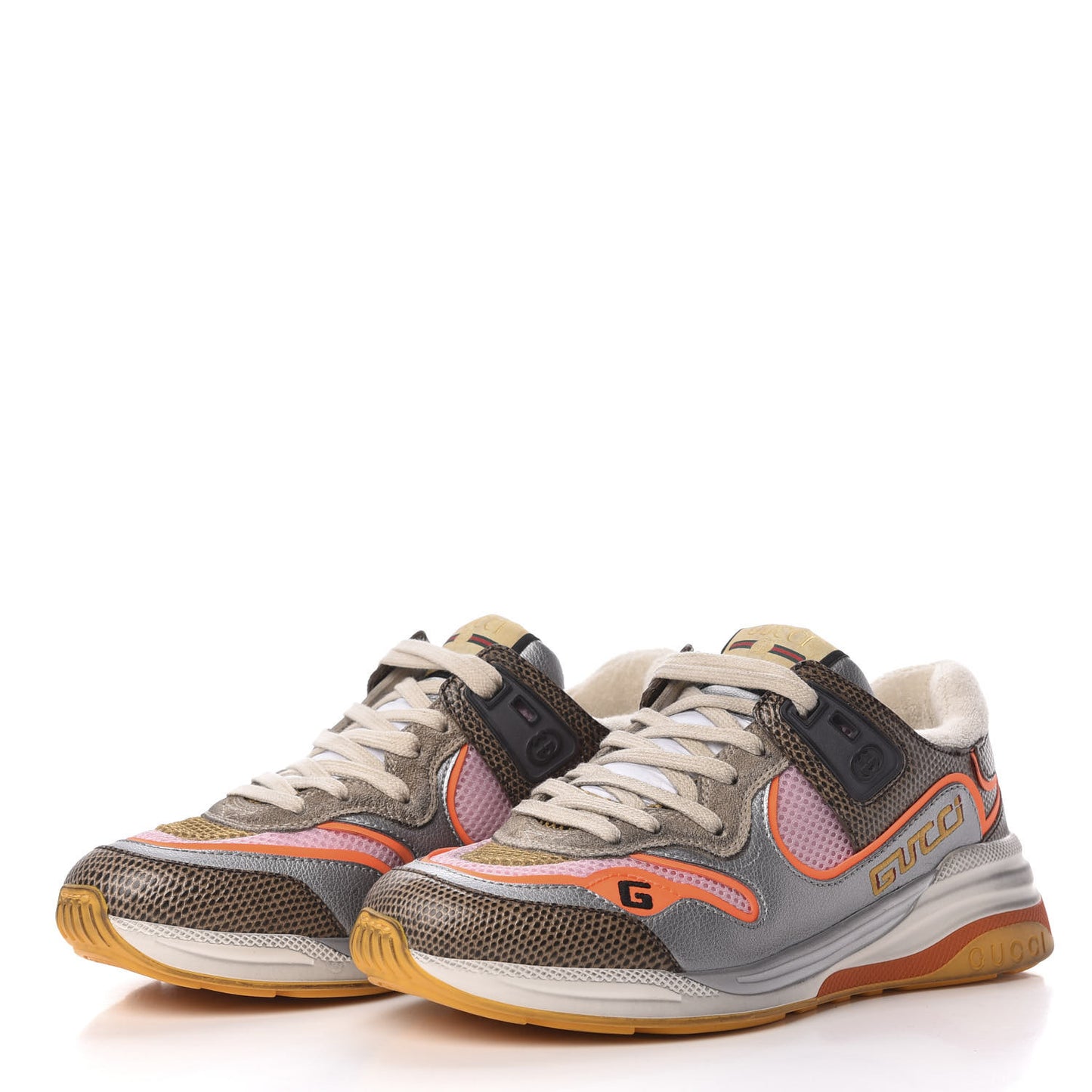 Calfskin Suede Mesh Lizard Embossed Womens Ultrapace Sneakers 36 Silver Anthracite Neon Orange