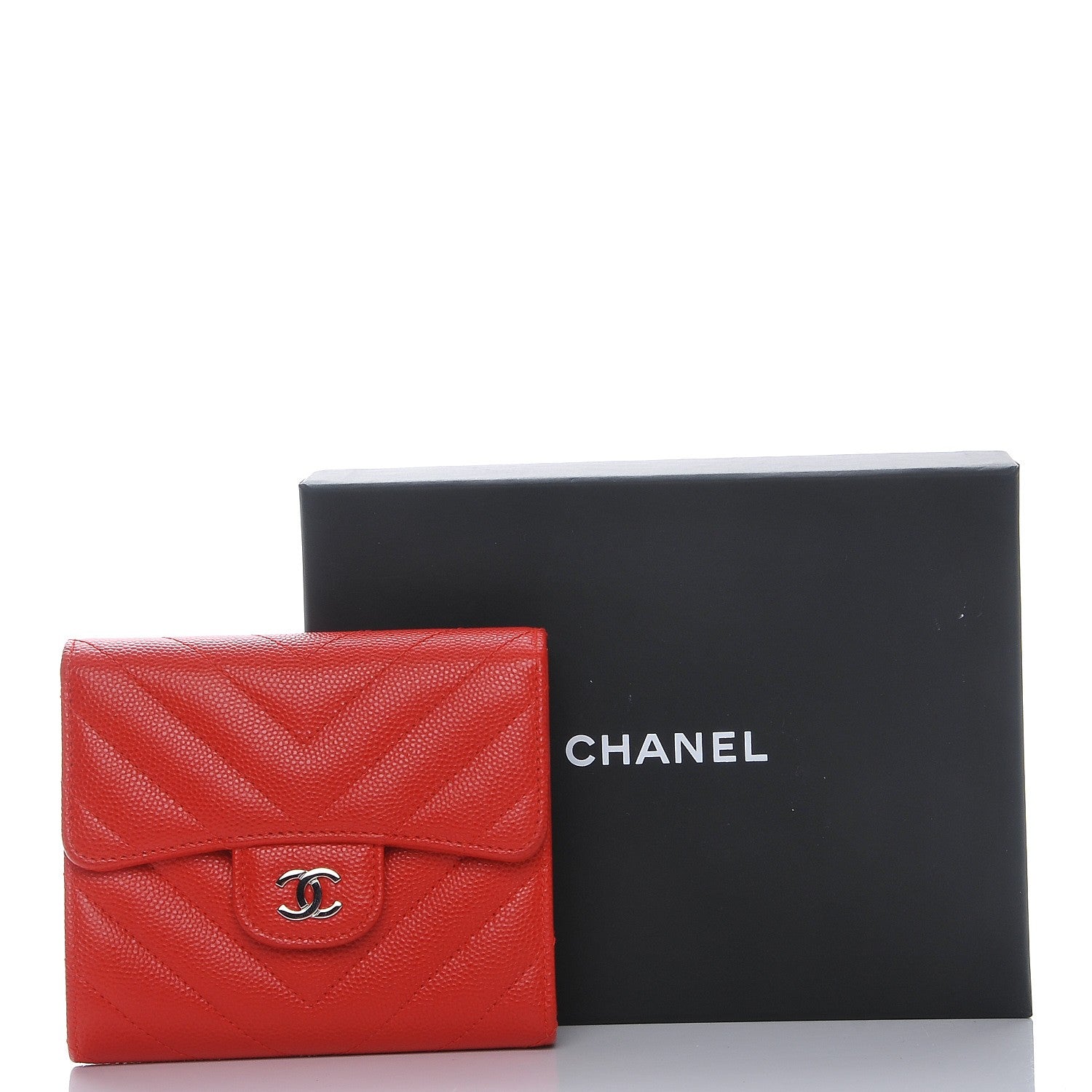 Chanel Caviar Chevron Quilted Compact Flap Wallet Red 9 of 9
