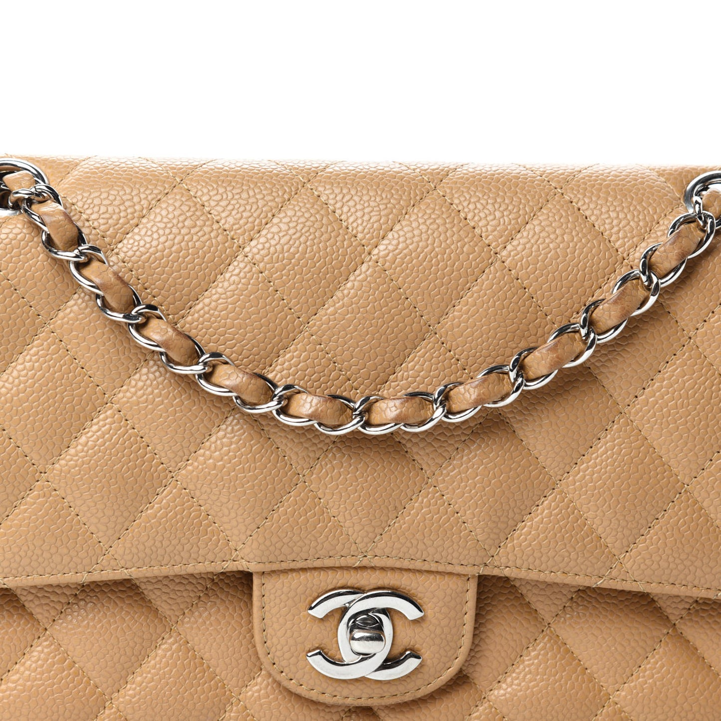 Caviar Quilted Medium Double Flap Beige