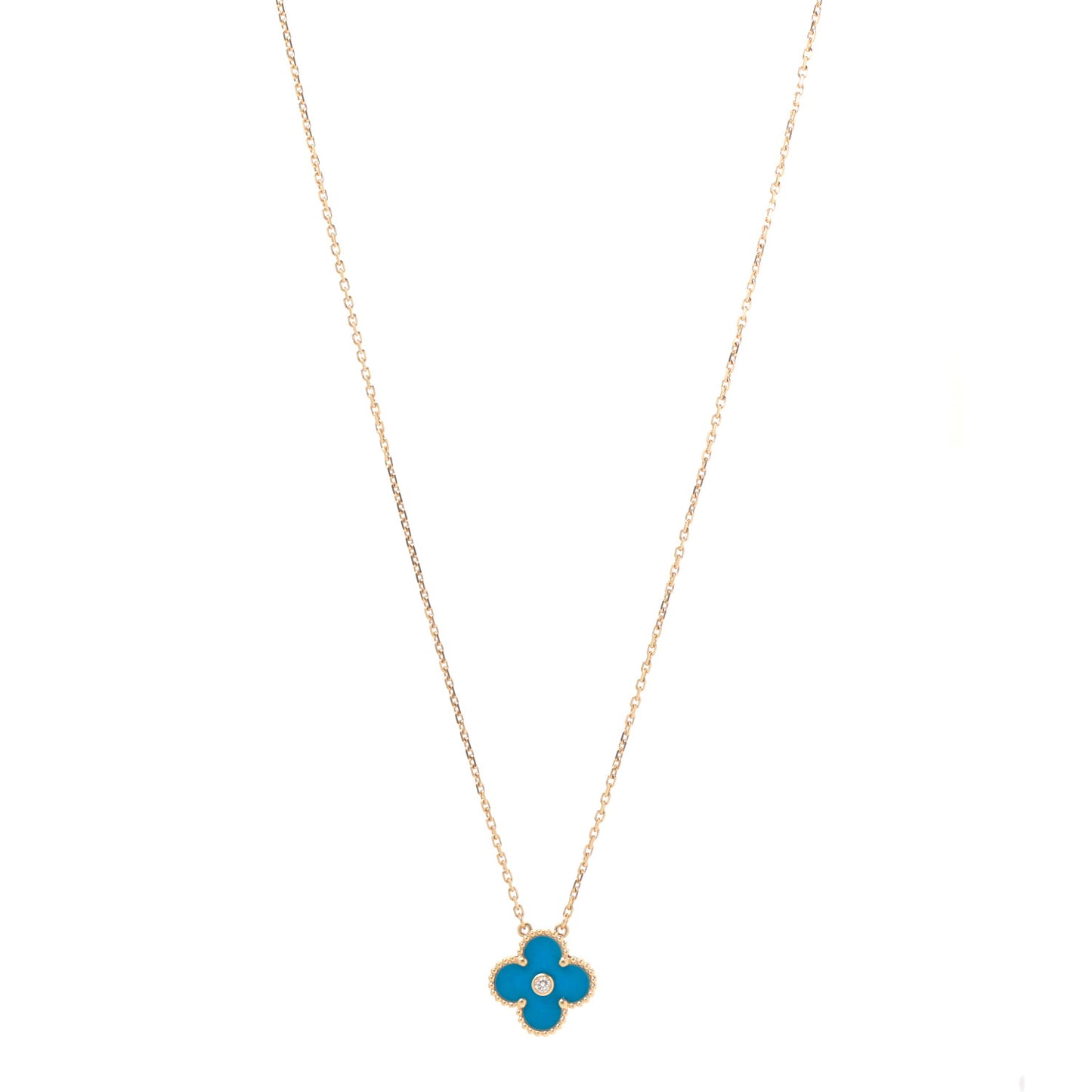 18K Yellow Gold Diamond Celestial Blue Sevres Porcelain Vintage Alhambra Pendant Necklace