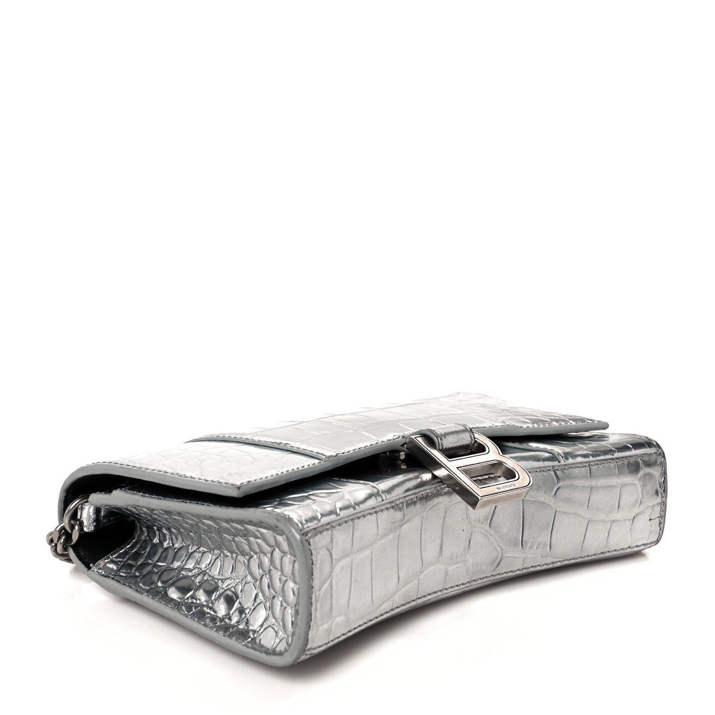 Metallic Calfskin Crocodile Embossed Hourglass Chain Bag Silver