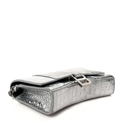 Balenciaga Metallic Calfskin Crocodile Embossed Hourglass Chain Bag Silver 4 of 12