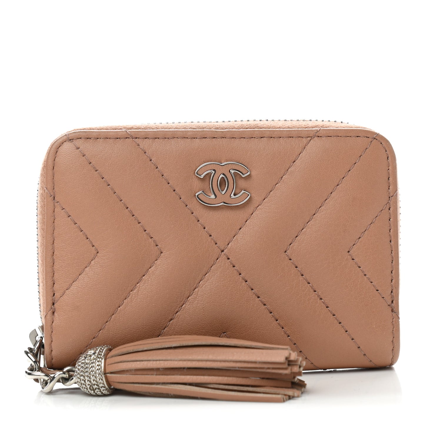 Calfskin Chevron Quilted Tassel Zip Around Coin Purse Beige