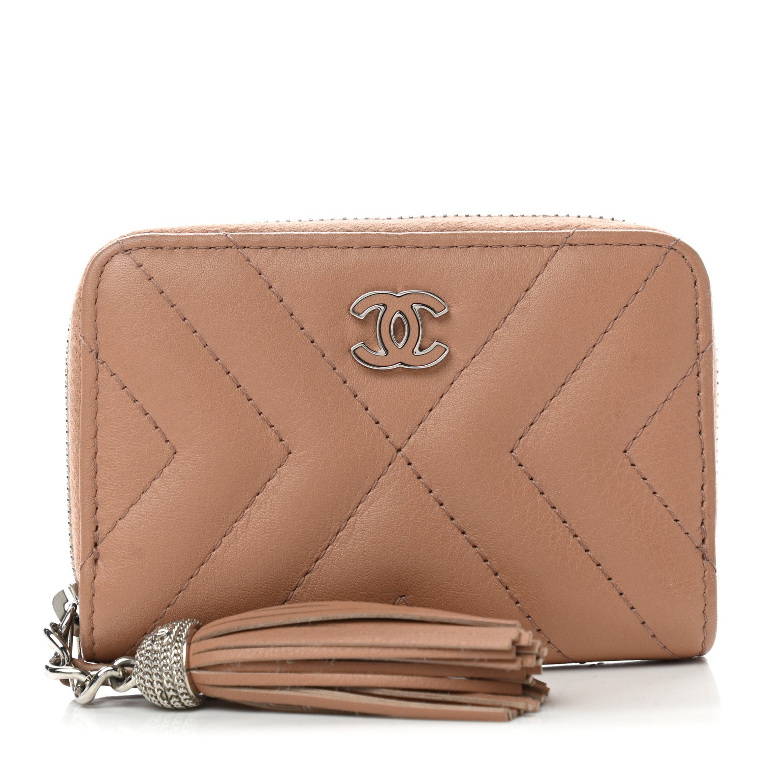Chanel Calfskin Chevron Quilted Tassel Zip Around Coin Purse Beige 1 of 9