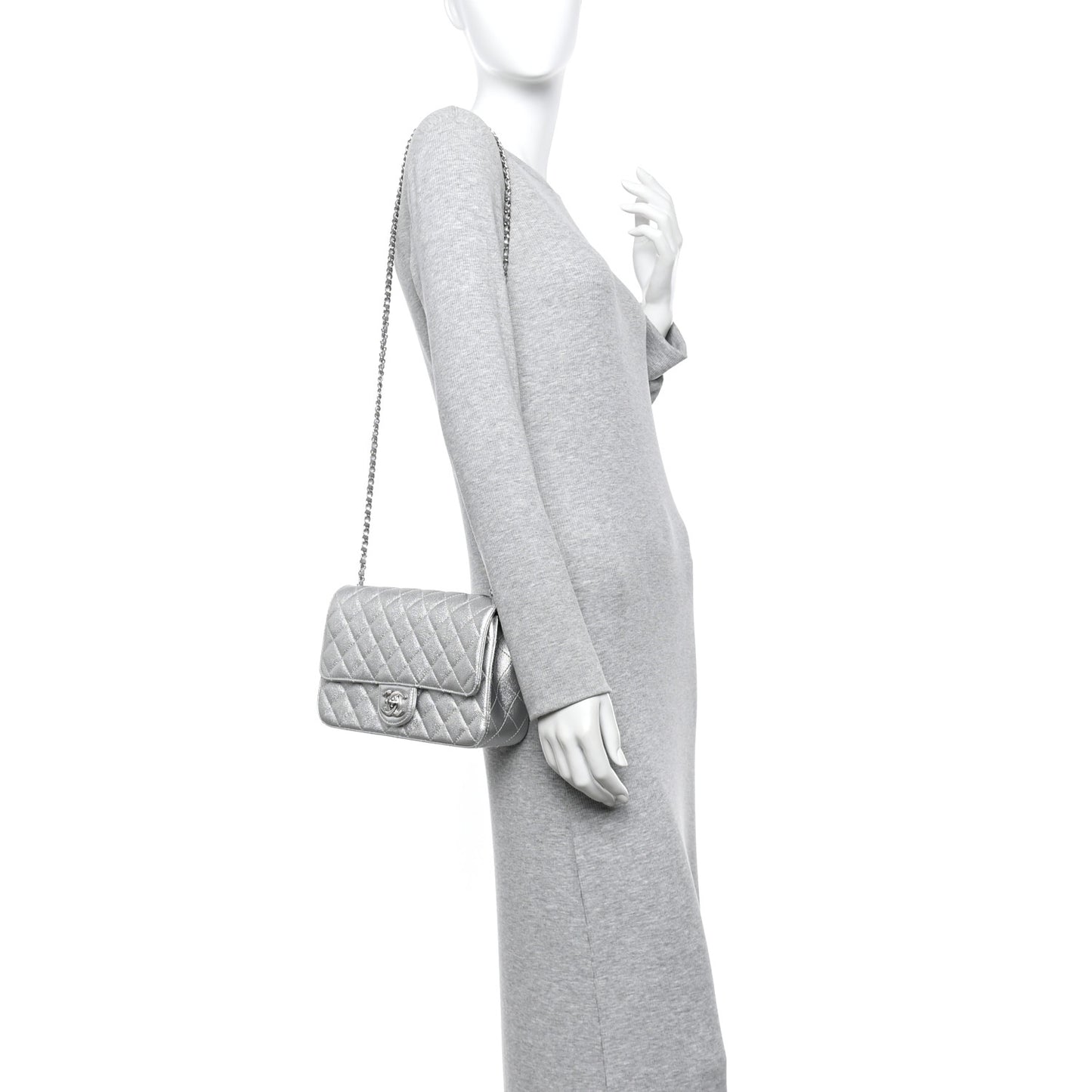 Metallic Caviar Quilted Medium CC Slide Flap Silver Silver