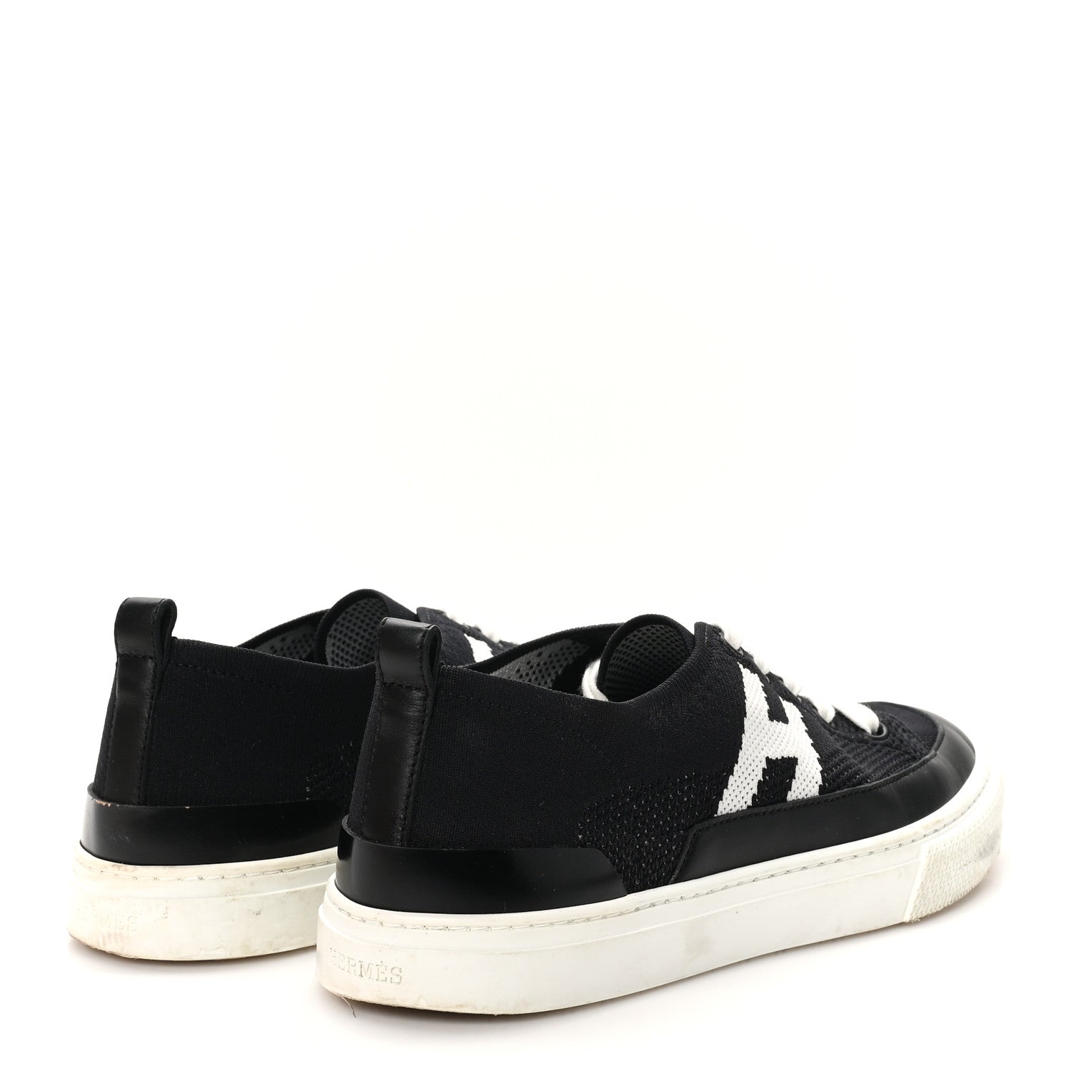 Hermes Knit Fabric Calfskin Deep Sneakers 38 Black White 5 of 10