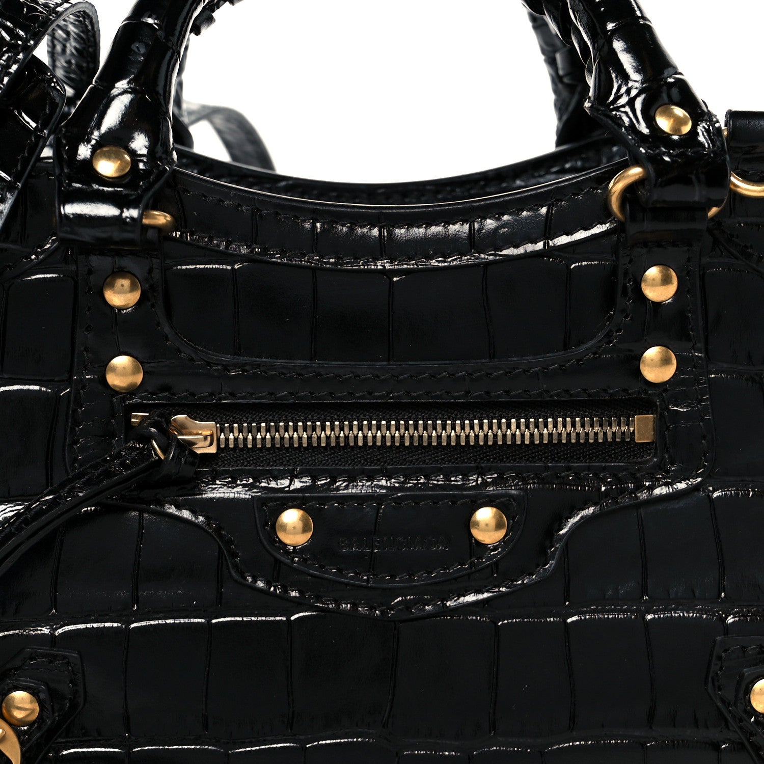 Balenciaga Shiny Supple Calfskin Crocodile Embossed Neo Classic Gold Hardware Mini City Black 9 of 11