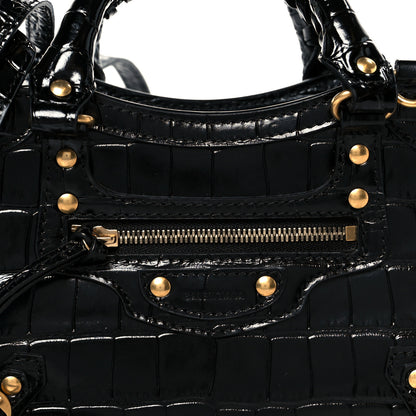 Balenciaga Shiny Supple Calfskin Crocodile Embossed Neo Classic Gold Hardware Mini City Black 9 of 11