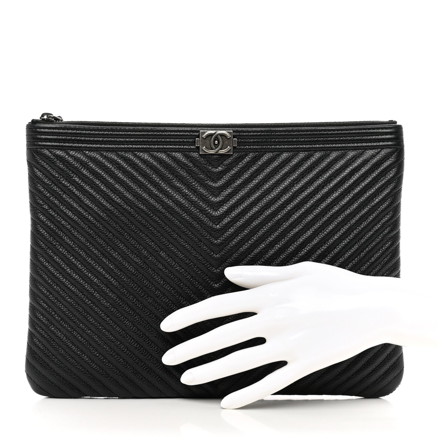 Caviar Chevron Quilted Medium Boy Cosmetic Case Black