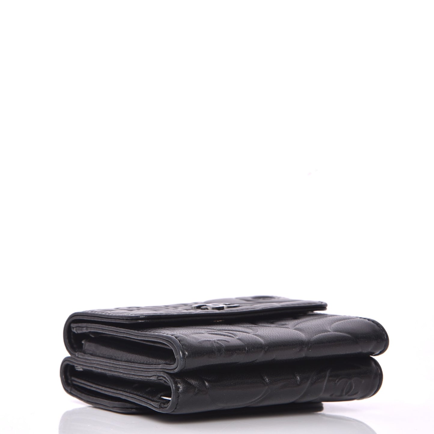 Lambskin Camellia Embossed Small Double Wallet Black