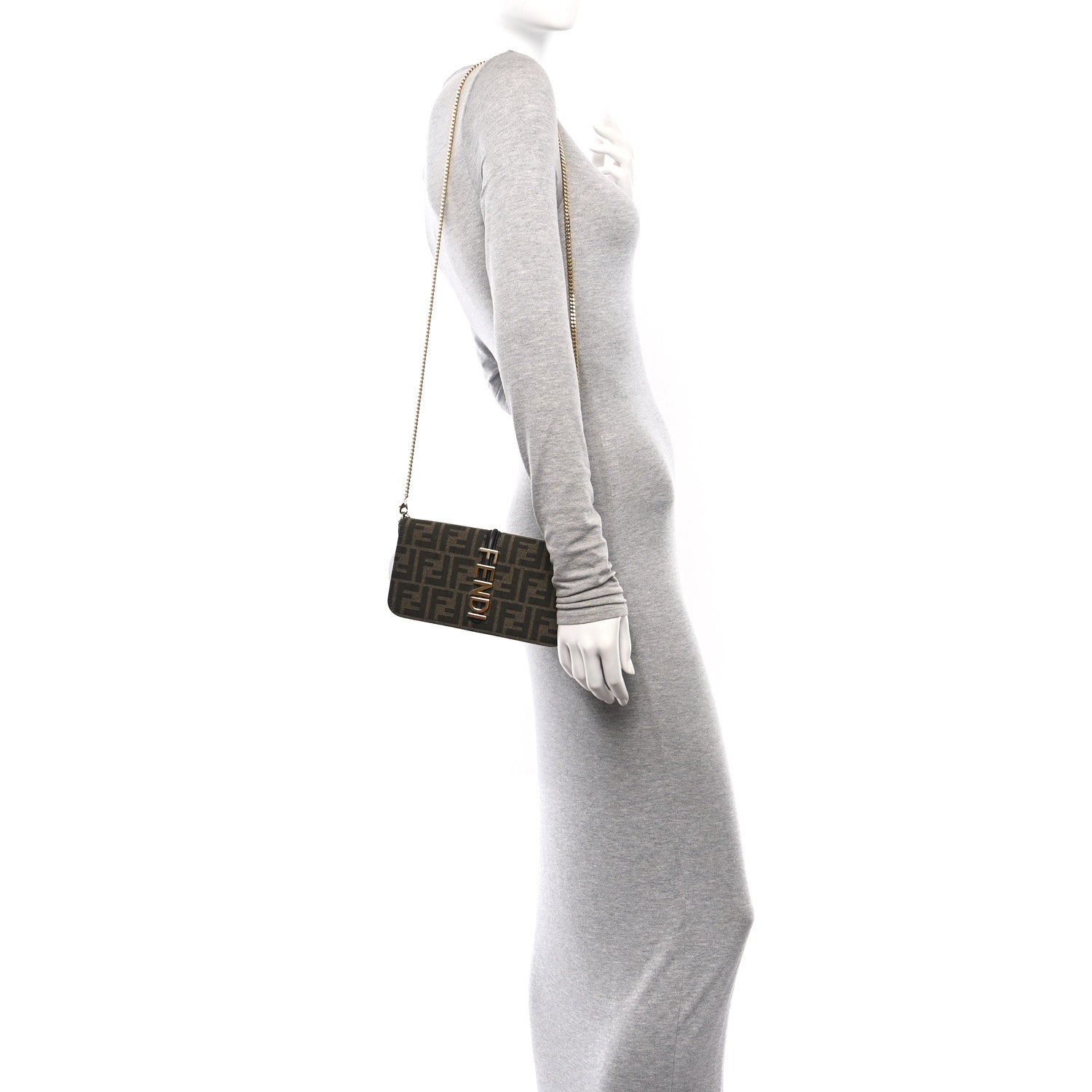 Fendi Fabric Jacquard Vitello Grace FF 1974 Fendigraphy Wallet On Chain Tobacco Moro Ebano 2 of 15