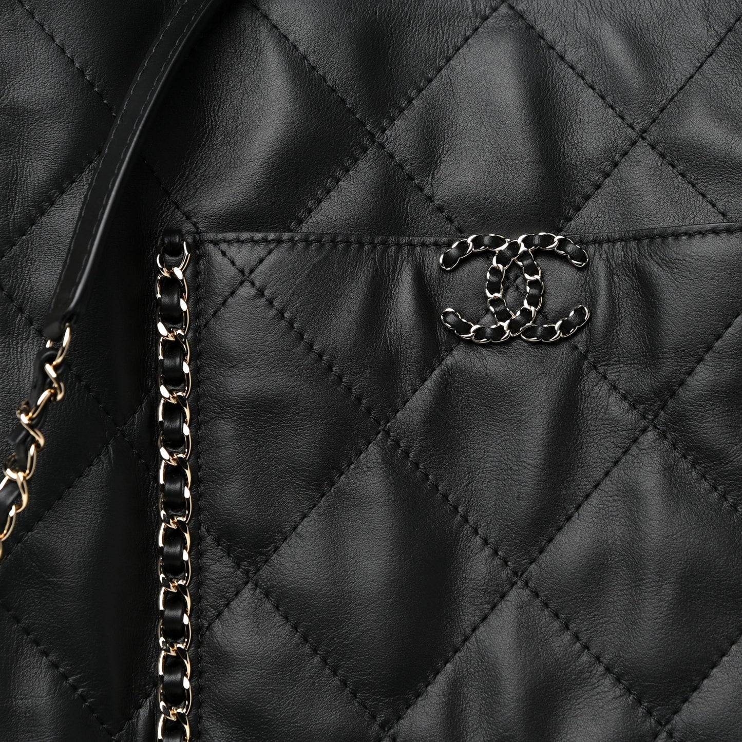 Calfskin Quilted Fringe Shopping Bag Black