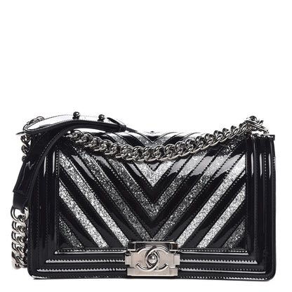 Chanel Patent Glitter PVC Chevron Quilted Medium Boy Flap Black Silver 1 of 7