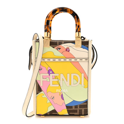 Fendi Glazed Fabric Vitello King Plexiglass FF 1974 Logo Hairdo Girls Inlay Mini Fendi Sunshine Shopper Tote Mogano Panna Multicolor 1 of 10