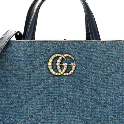 Gucci Denim Matelasse Small Pearly GG Marmont Tote Blue 8 of 15
