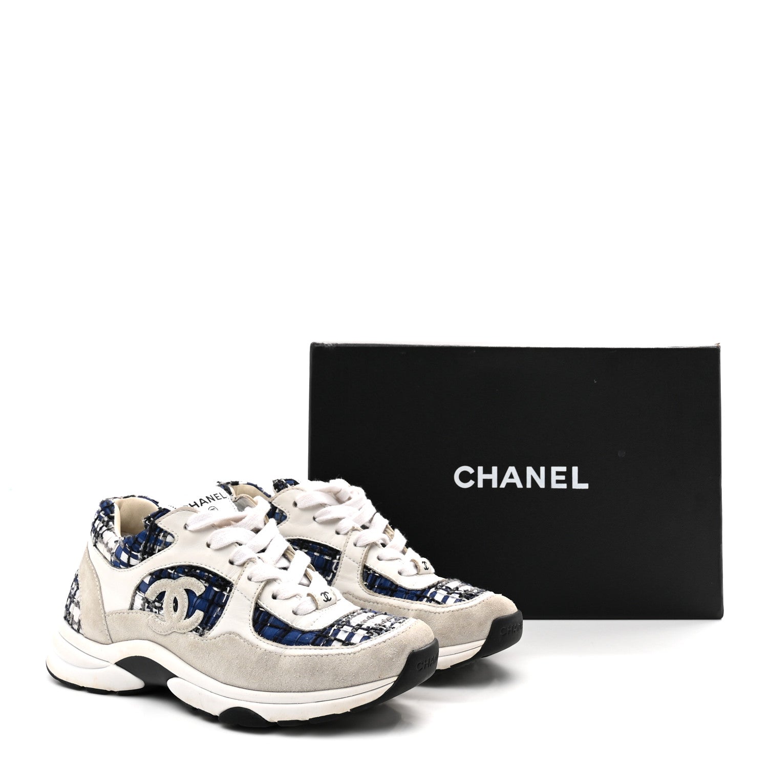Chanel Tweed Suede Calfskin Womens CC Sneakers 37 Dark Blue Black Grey White 9 of 9