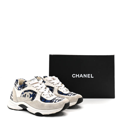 Chanel Tweed Suede Calfskin Womens CC Sneakers 37 Dark Blue Black Grey White 9 of 9