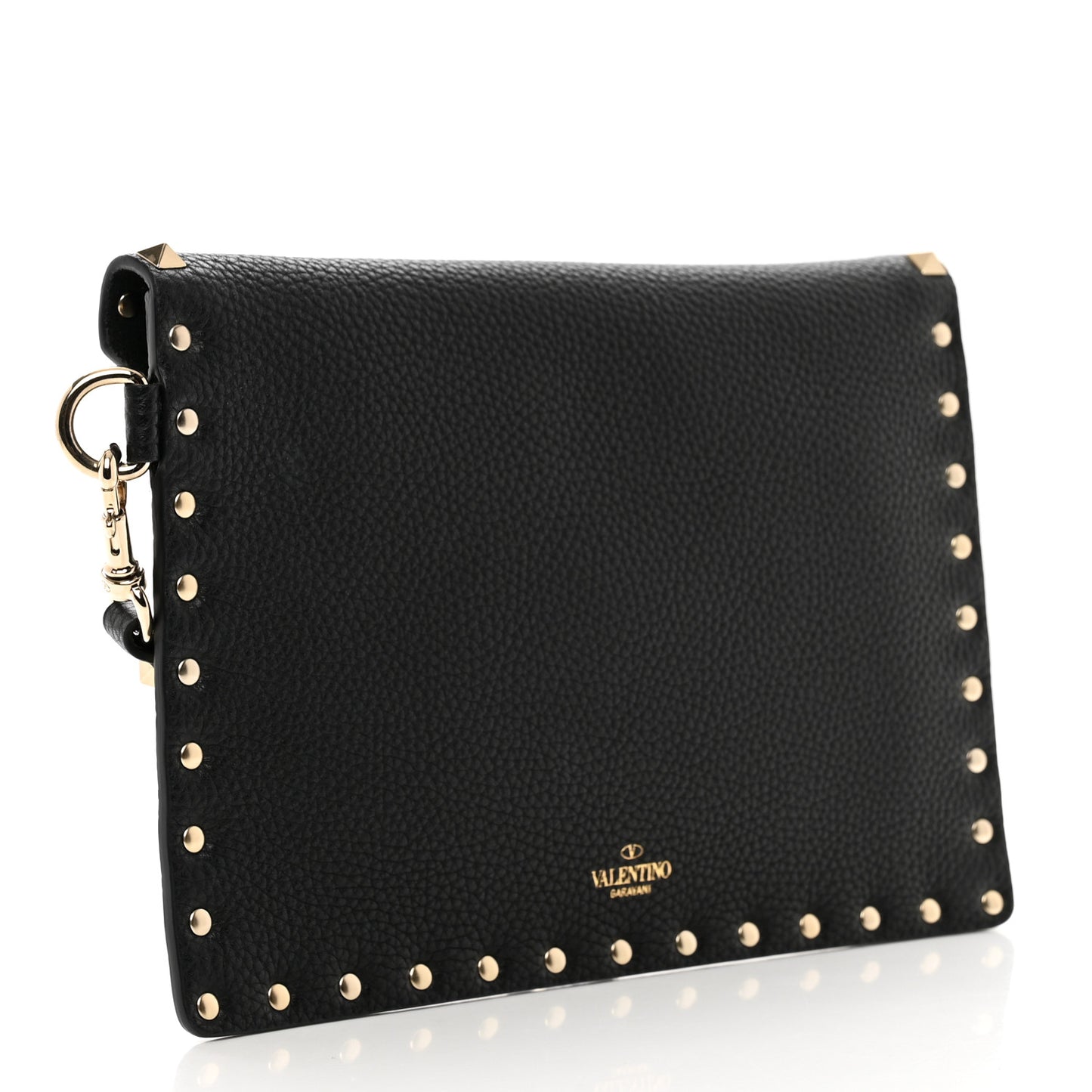 Pebbled Calfskin Medium Rockstud Envelope Flat Wristlet Pouch Black