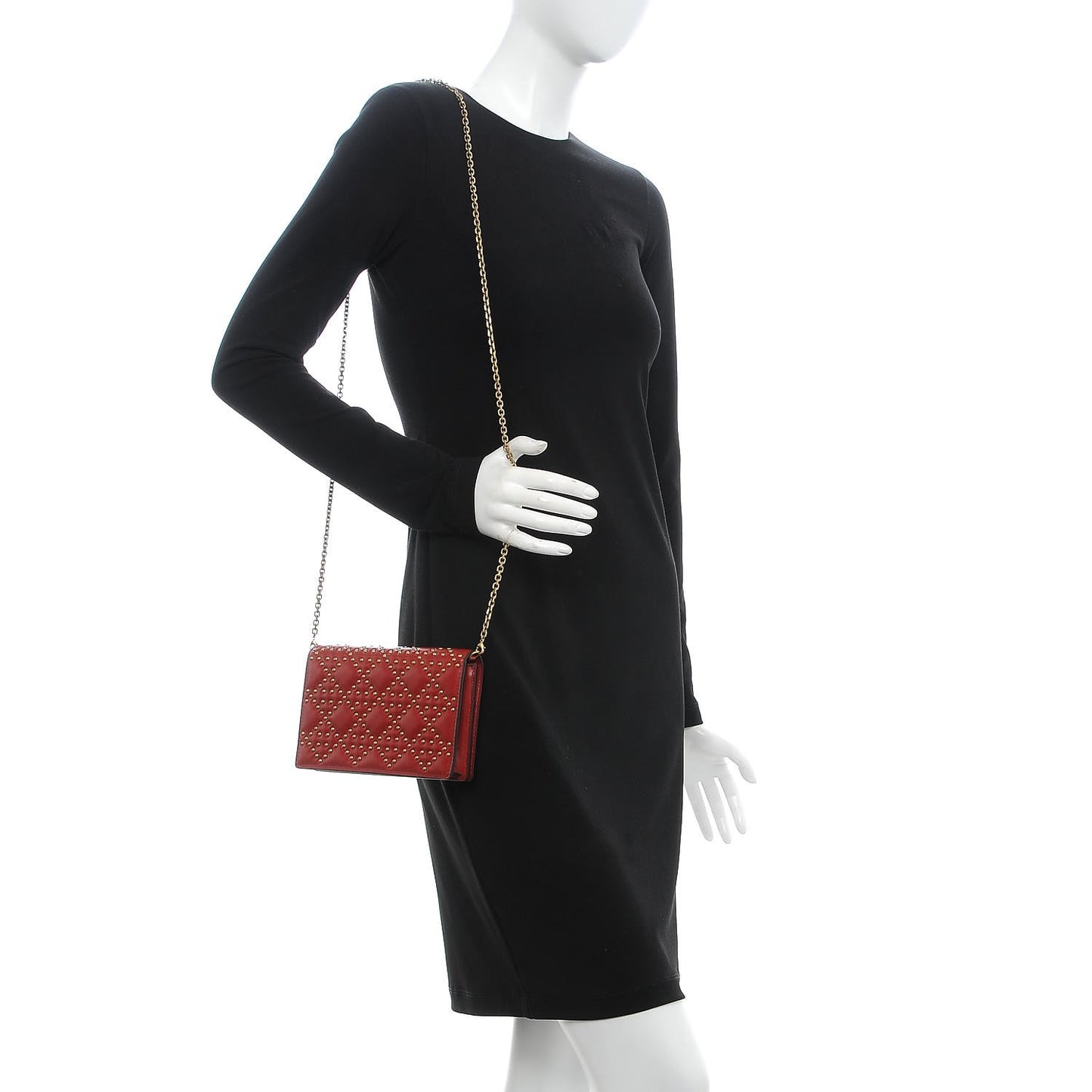 Calfskin Cannage Studded Lady Dior Wallet on Chain Deep Red