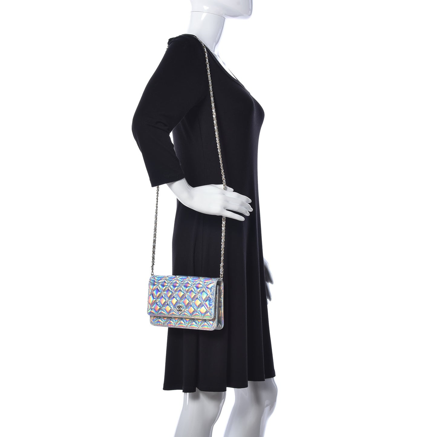 Iridescent Goatskin Quilted Wallet On Chain WOC Silver