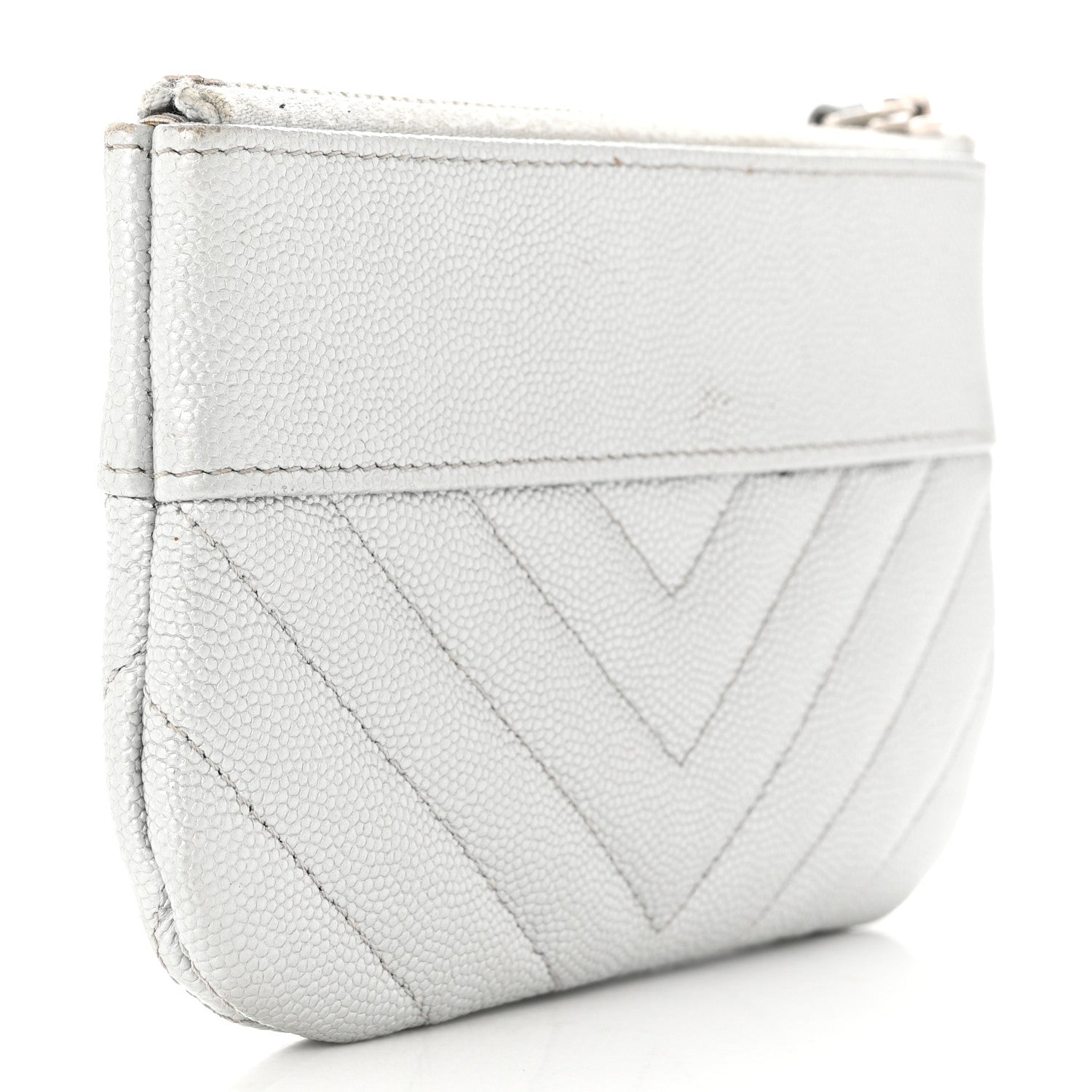 Chanel Metallic Caviar Chevron Quilted Small Vintage Mademoiselle Cosmetic Case Silver 3 of 9