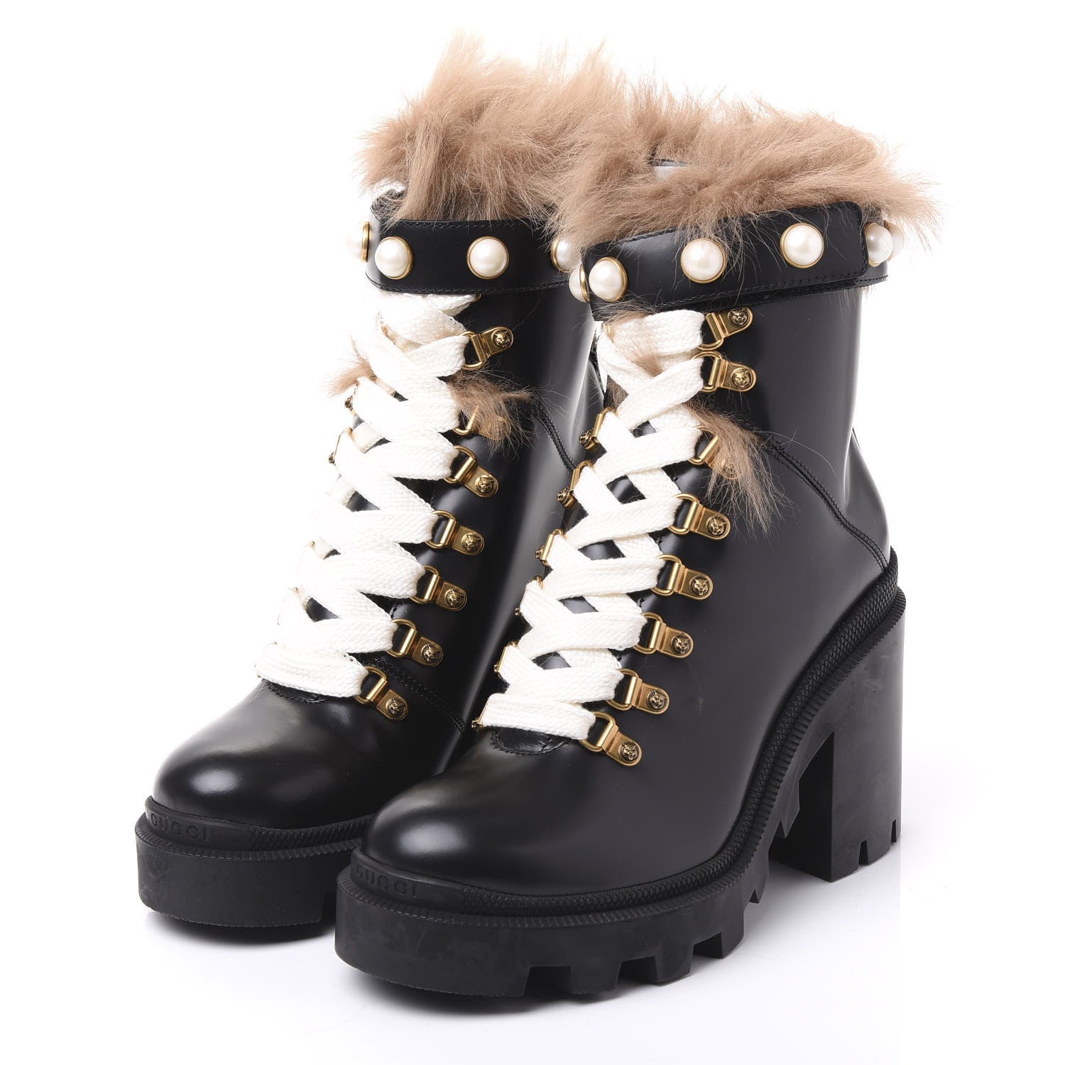 Gucci Magnum Calfskin Fur Pearl Lace Up Combat Ankle Boots 37 Black Naturale 2 of 8