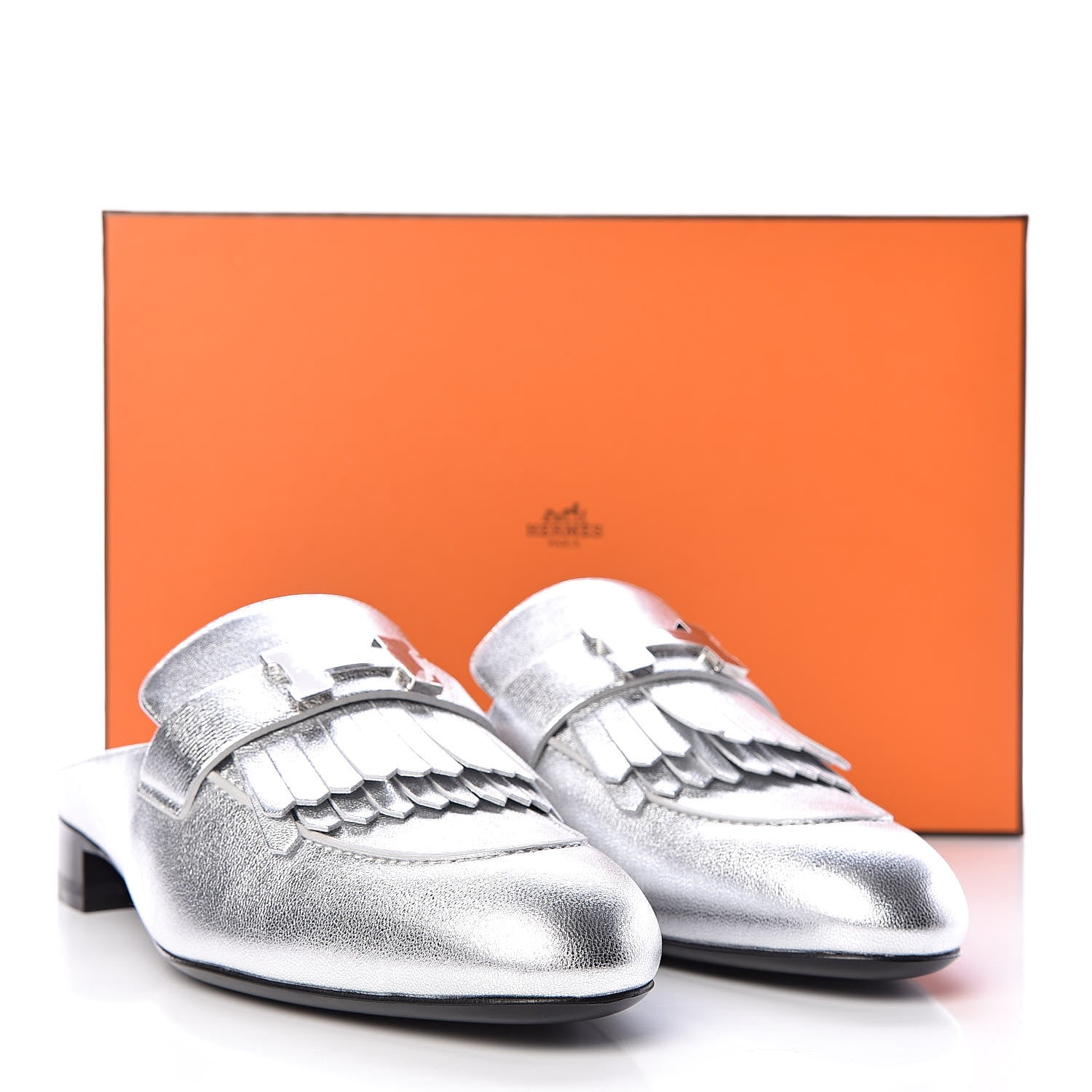 Hermes Metallic Goatskin Womens Rivoli Mules 39 Gris Argente 9 of 9