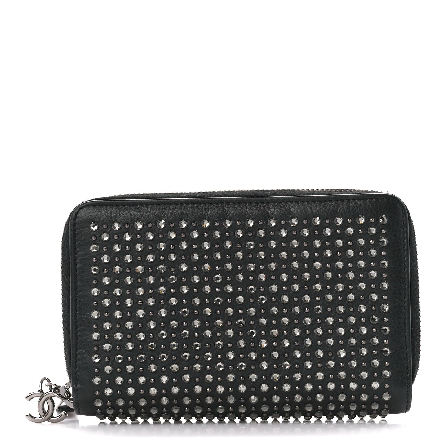 Lambskin Quilted Crystal Medium Gusset Double Zip Around Wallet Black