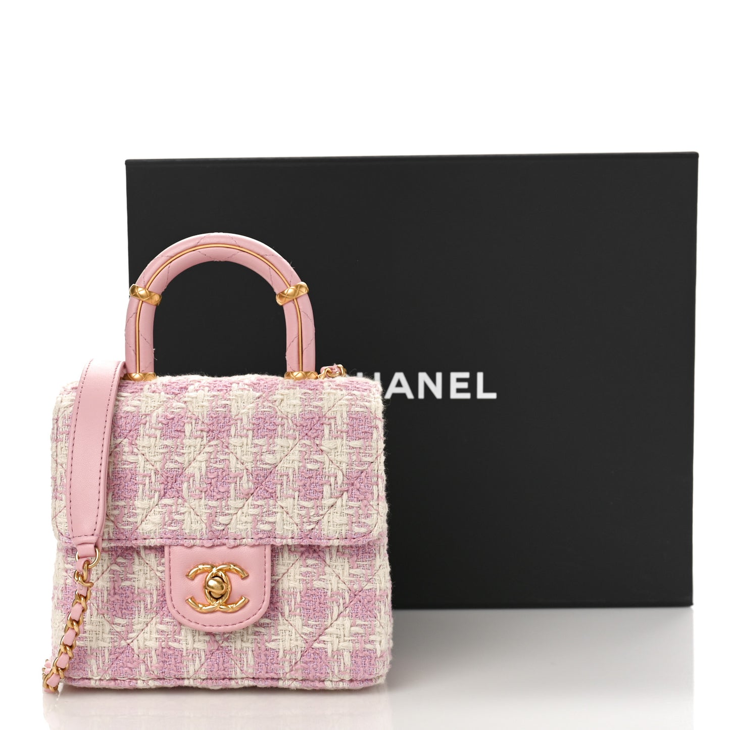 Tweed Handle Crush Top Handle Flap Bag Pink Ecru